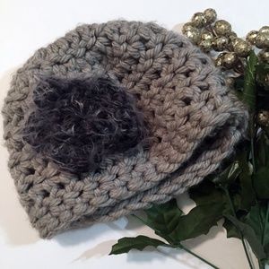 Grey and Purple Knit Winter Hat with Flower